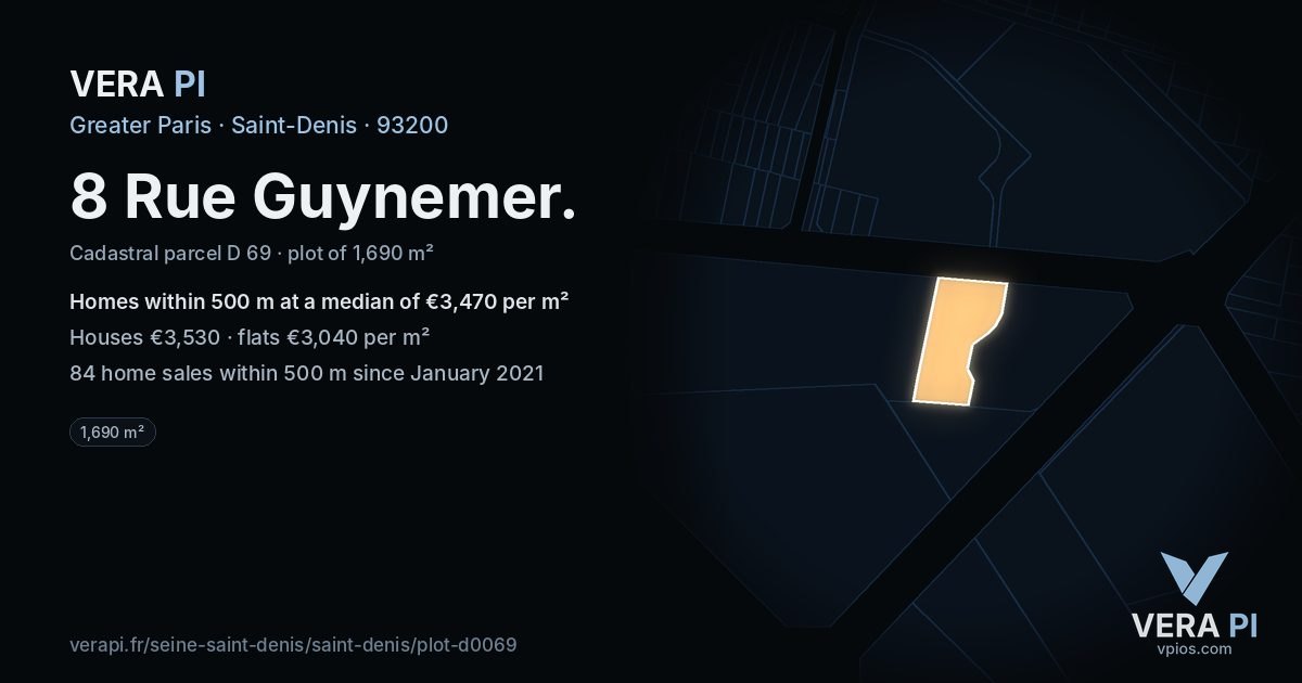 8 Rue Guynemer, Saint-Denis at night – the plot lit, the parcels around coloured by the prices near them