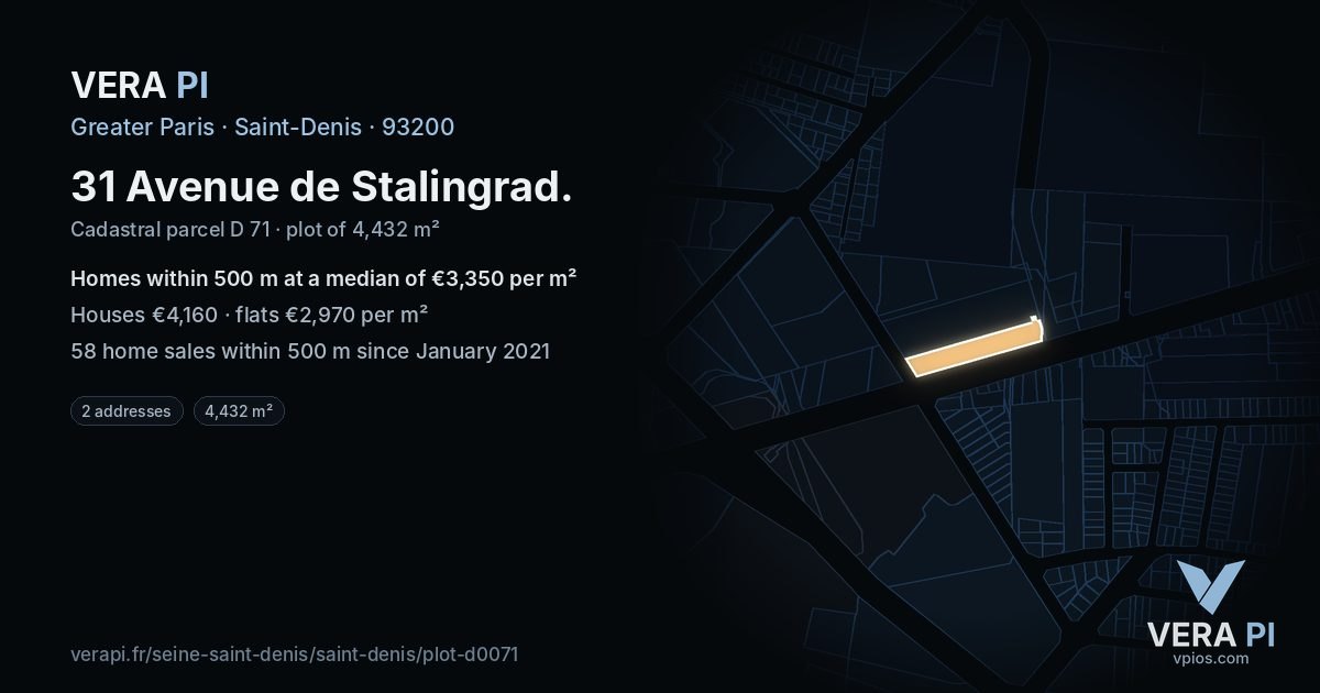 31 Avenue de Stalingrad, Saint-Denis at night – the plot lit, the parcels around coloured by the prices near them