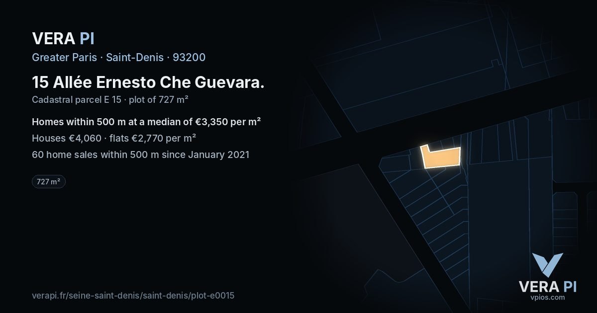 15 Allée Ernesto Che Guevara, Saint-Denis at night – the plot lit, the parcels around coloured by the prices near them