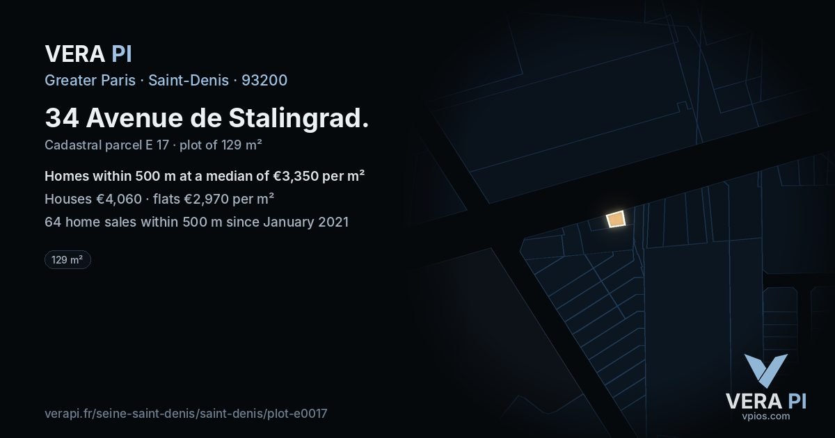 34 Avenue de Stalingrad, Saint-Denis at night – the plot lit, the parcels around coloured by the prices near them
