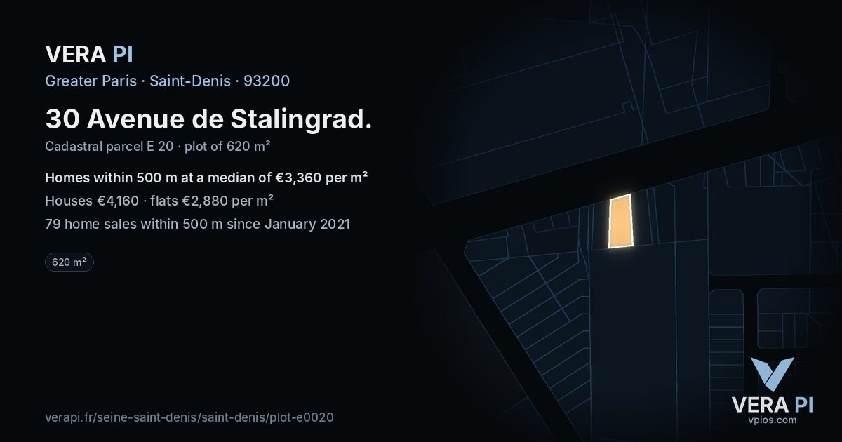 30 Avenue de Stalingrad, Saint-Denis at night – the plot lit, the parcels around coloured by the prices near them