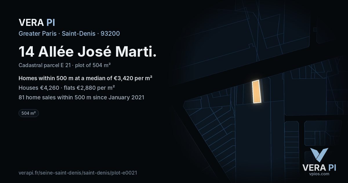14 Allée José Marti, Saint-Denis at night – the plot lit, the parcels around coloured by the prices near them