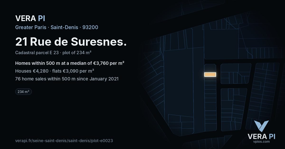 21 Rue de Suresnes, Saint-Denis at night – the plot lit, the parcels around coloured by the prices near them