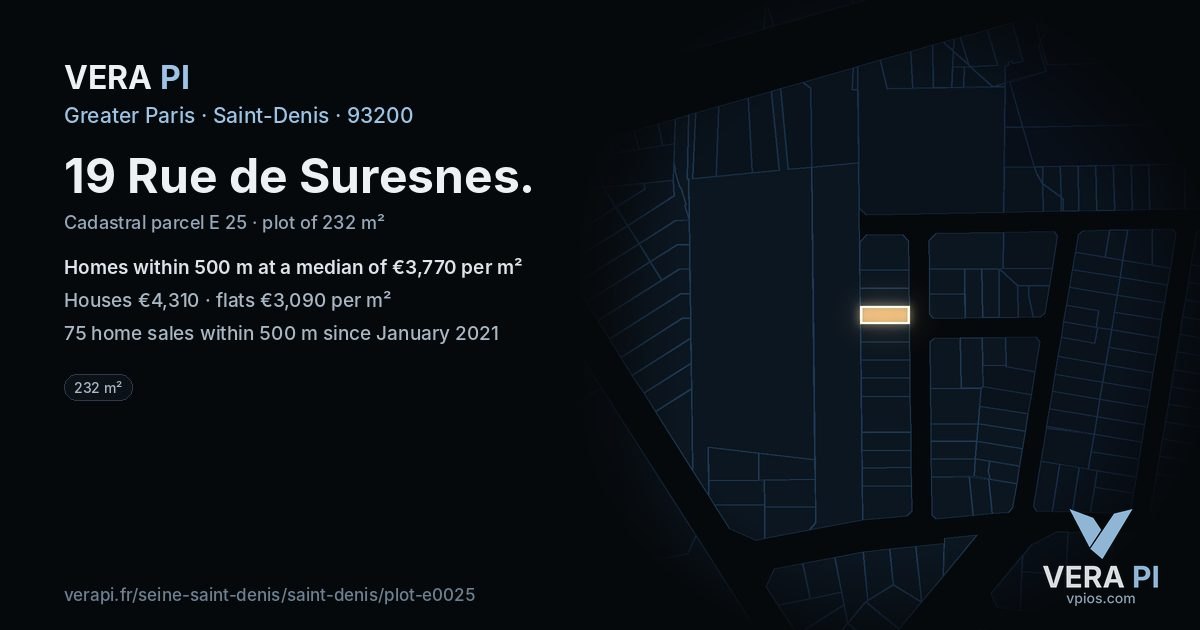 19 Rue de Suresnes, Saint-Denis at night – the plot lit, the parcels around coloured by the prices near them