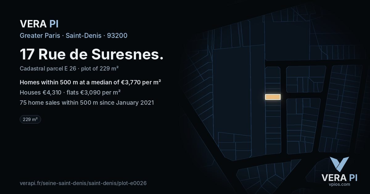 17 Rue de Suresnes, Saint-Denis at night – the plot lit, the parcels around coloured by the prices near them