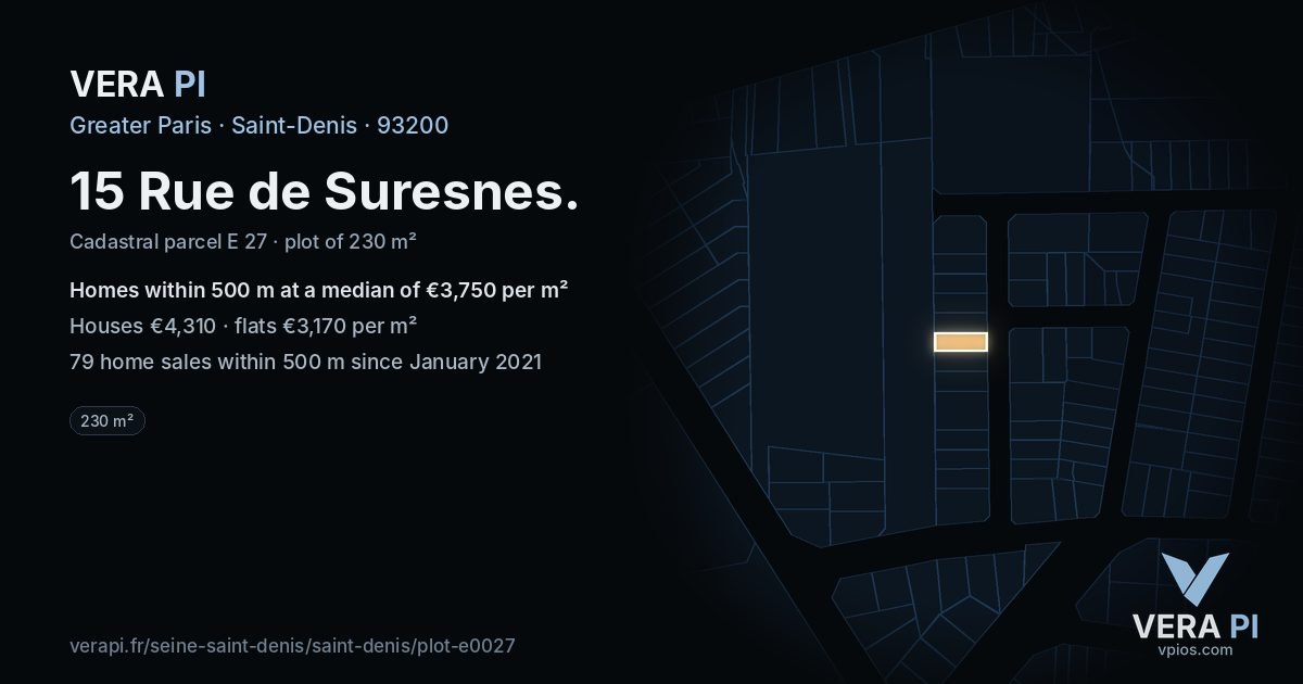 15 Rue de Suresnes, Saint-Denis at night – the plot lit, the parcels around coloured by the prices near them