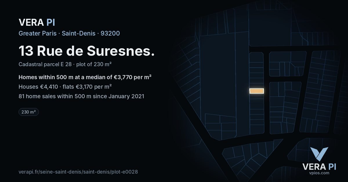 13 Rue de Suresnes, Saint-Denis at night – the plot lit, the parcels around coloured by the prices near them