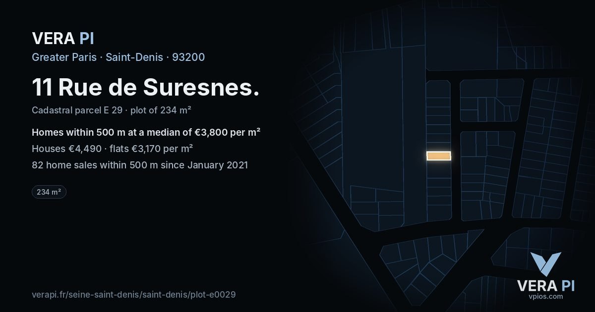 11 Rue de Suresnes, Saint-Denis at night – the plot lit, the parcels around coloured by the prices near them