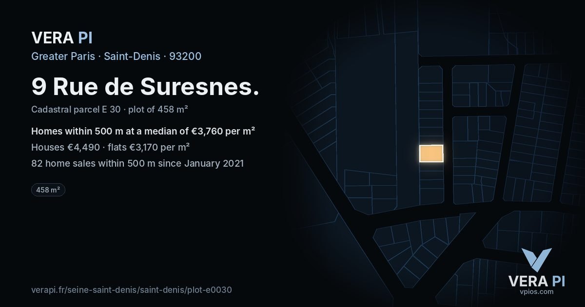 9 Rue de Suresnes, Saint-Denis at night – the plot lit, the parcels around coloured by the prices near them