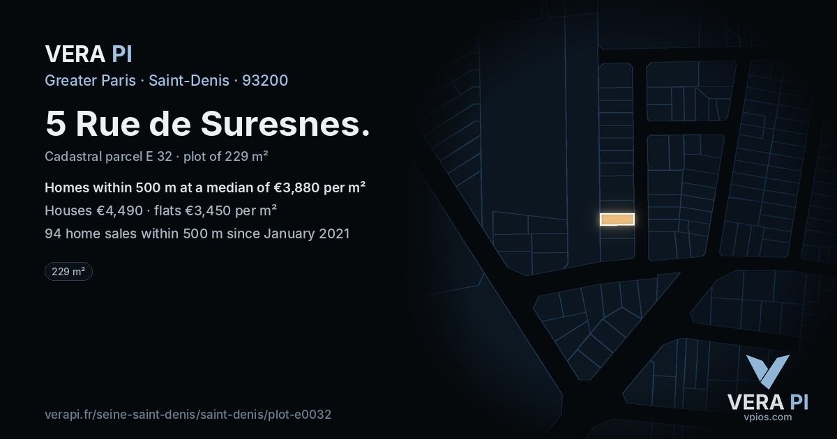 5 Rue de Suresnes, Saint-Denis at night – the plot lit, the parcels around coloured by the prices near them
