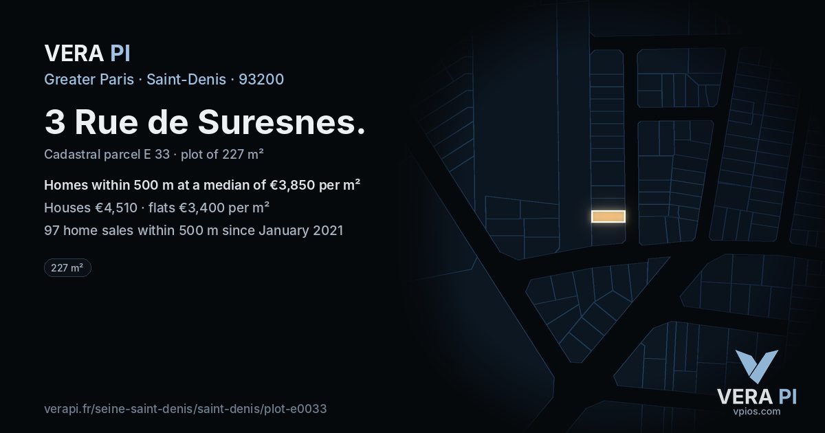 3 Rue de Suresnes, Saint-Denis at night – the plot lit, the parcels around coloured by the prices near them