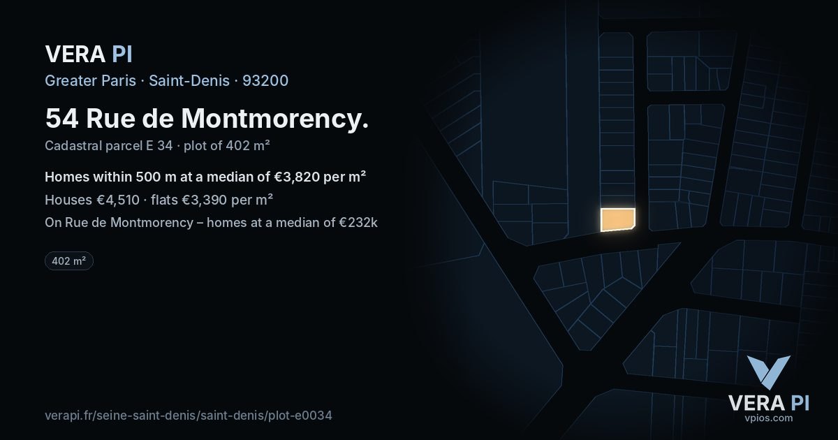 54 Rue de Montmorency, Saint-Denis at night – the plot lit, the parcels around coloured by the prices near them