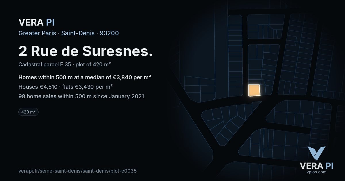 2 Rue de Suresnes, Saint-Denis at night – the plot lit, the parcels around coloured by the prices near them