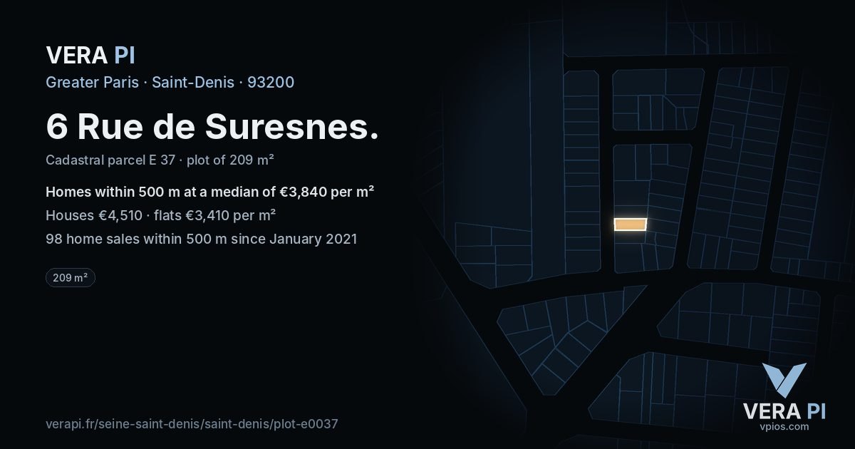 6 Rue de Suresnes, Saint-Denis at night – the plot lit, the parcels around coloured by the prices near them