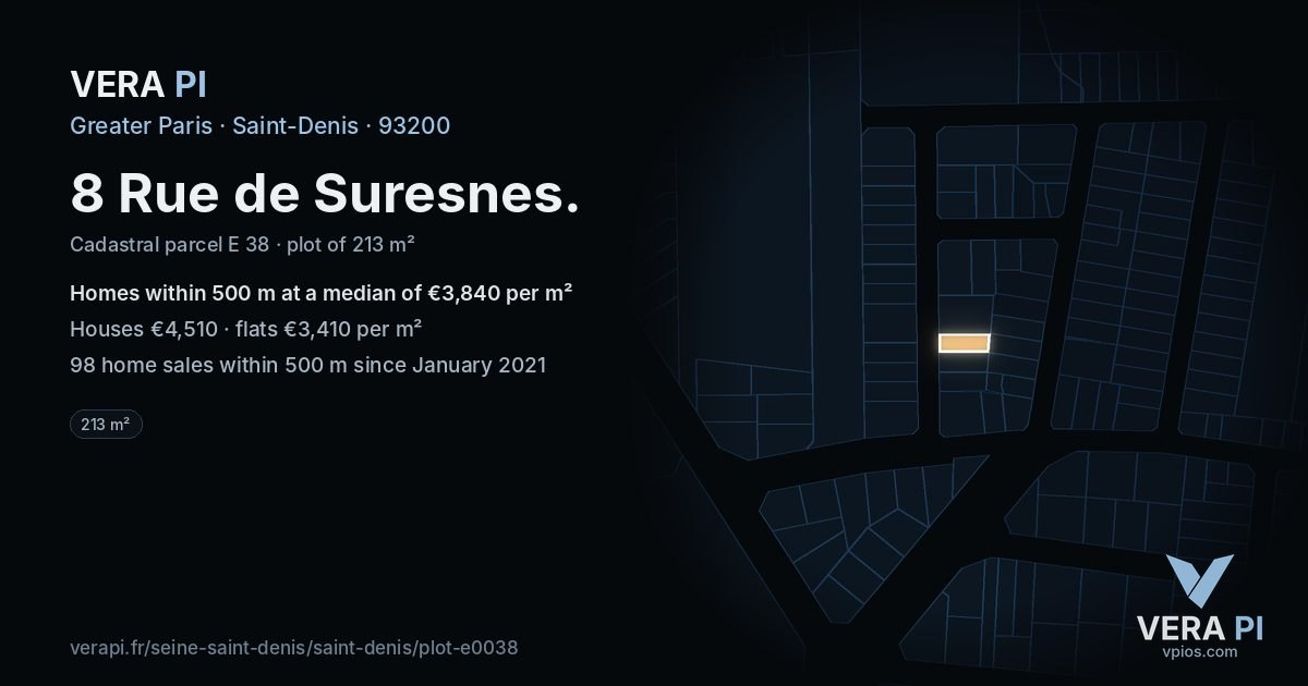 8 Rue de Suresnes, Saint-Denis at night – the plot lit, the parcels around coloured by the prices near them