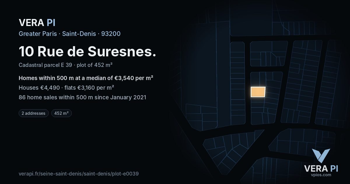 10 Rue de Suresnes, Saint-Denis at night – the plot lit, the parcels around coloured by the prices near them