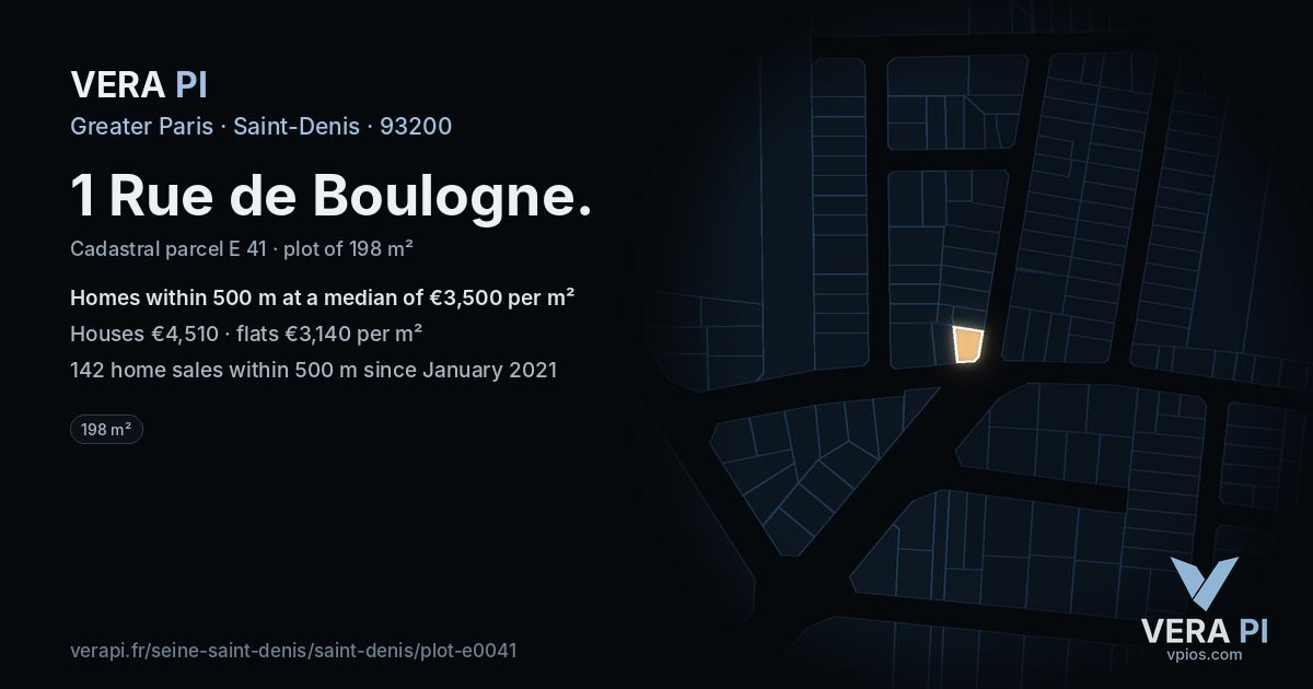1 Rue de Boulogne, Saint-Denis at night – the plot lit, the parcels around coloured by the prices near them