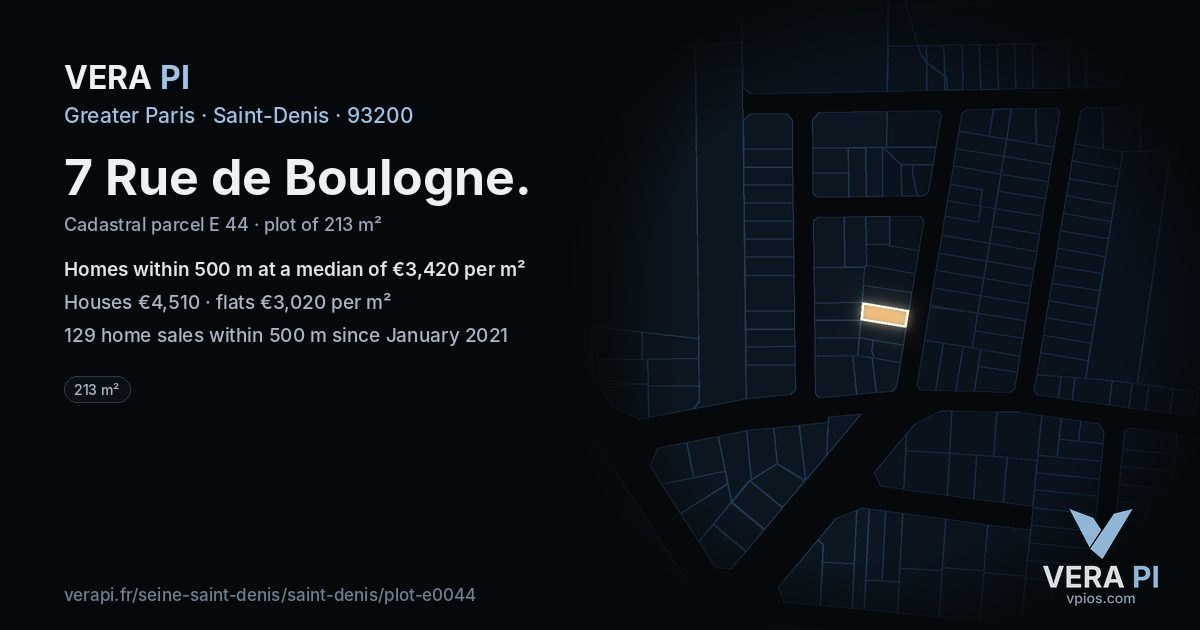 7 Rue de Boulogne, Saint-Denis at night – the plot lit, the parcels around coloured by the prices near them