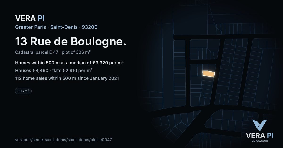 13 Rue de Boulogne, Saint-Denis at night – the plot lit, the parcels around coloured by the prices near them