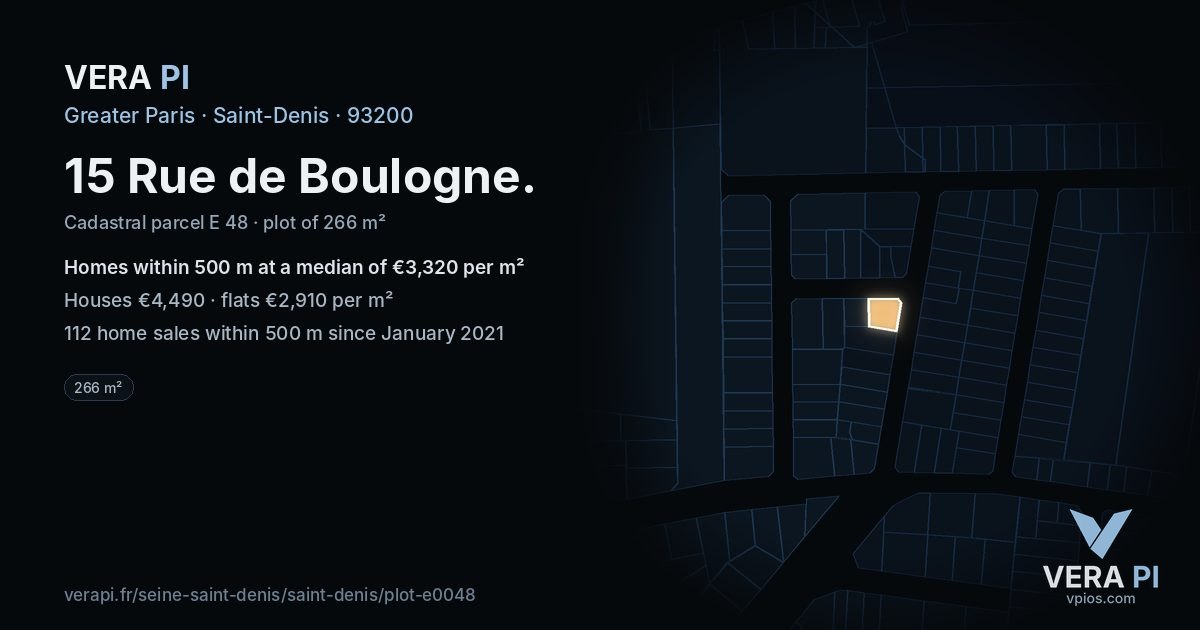 15 Rue de Boulogne, Saint-Denis at night – the plot lit, the parcels around coloured by the prices near them