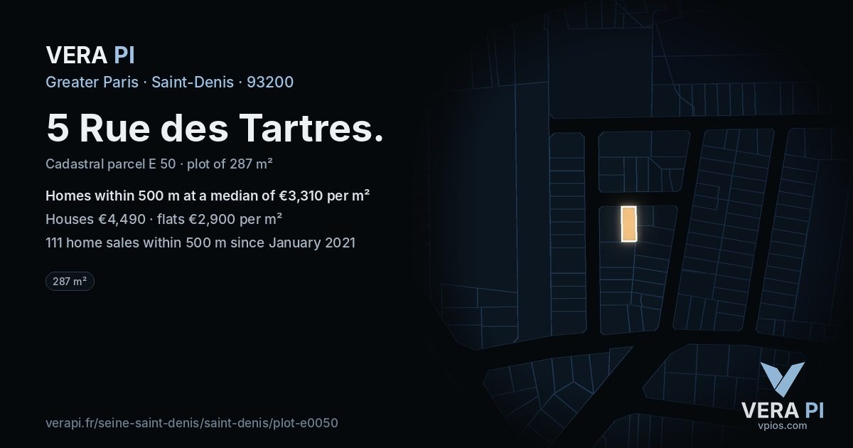5 Rue des Tartres, Saint-Denis at night – the plot lit, the parcels around coloured by the prices near them