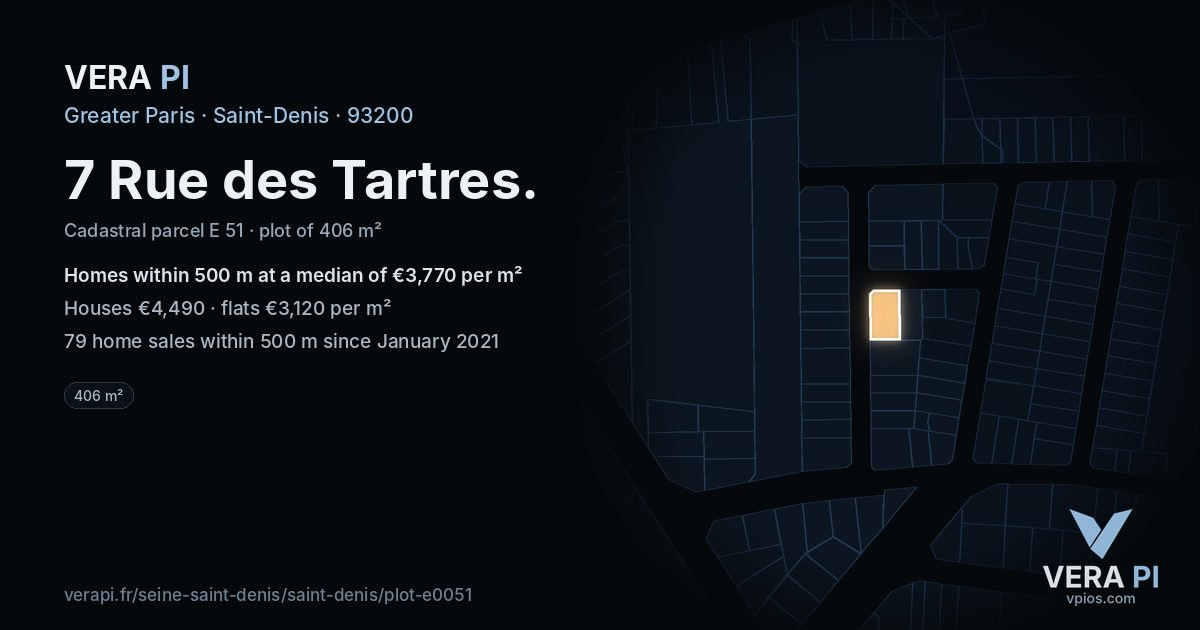 7 Rue des Tartres, Saint-Denis at night – the plot lit, the parcels around coloured by the prices near them