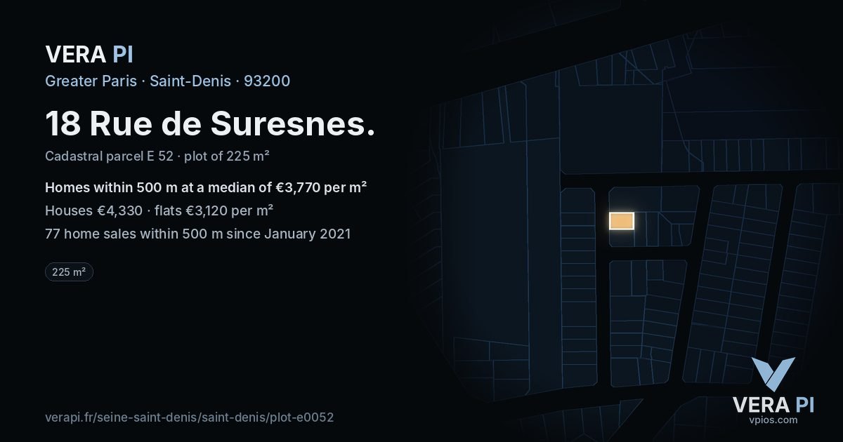 18 Rue de Suresnes, Saint-Denis at night – the plot lit, the parcels around coloured by the prices near them
