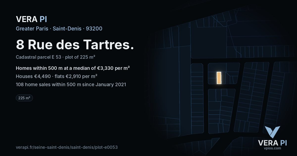 8 Rue des Tartres, Saint-Denis at night – the plot lit, the parcels around coloured by the prices near them