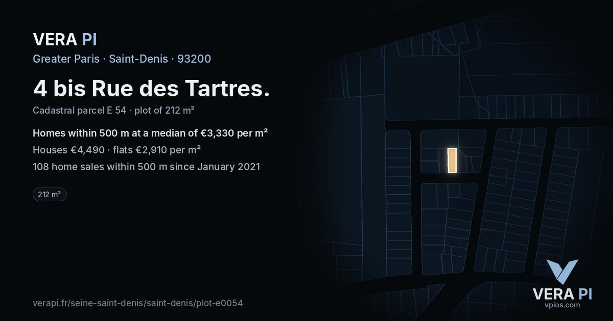 4 bis Rue des Tartres, Saint-Denis at night – the plot lit, the parcels around coloured by the prices near them