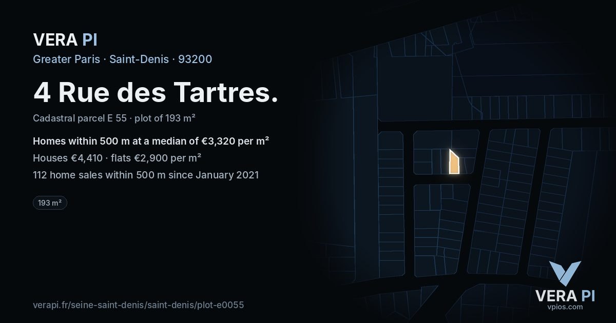 4 Rue des Tartres, Saint-Denis at night – the plot lit, the parcels around coloured by the prices near them
