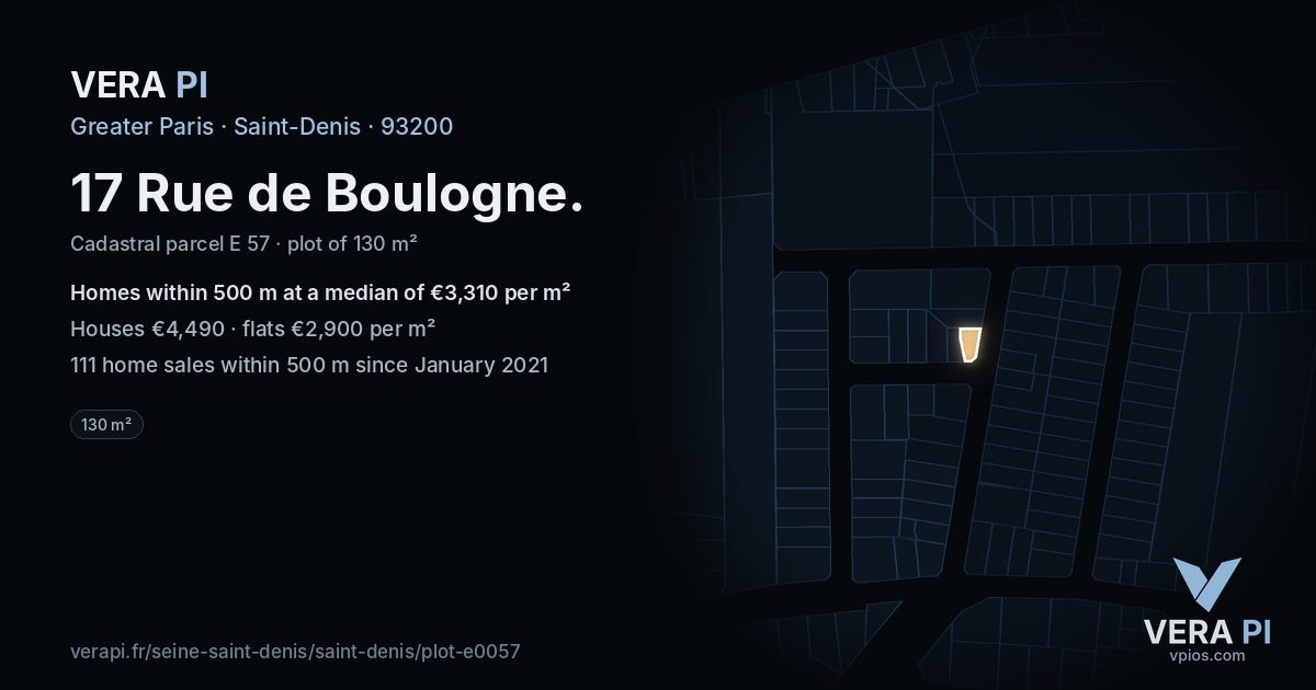 17 Rue de Boulogne, Saint-Denis at night – the plot lit, the parcels around coloured by the prices near them