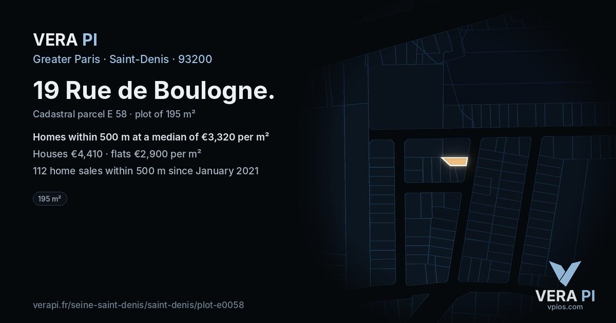 19 Rue de Boulogne, Saint-Denis at night – the plot lit, the parcels around coloured by the prices near them