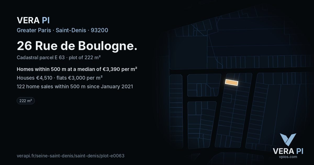 26 Rue de Boulogne, Saint-Denis at night – the plot lit, the parcels around coloured by the prices near them