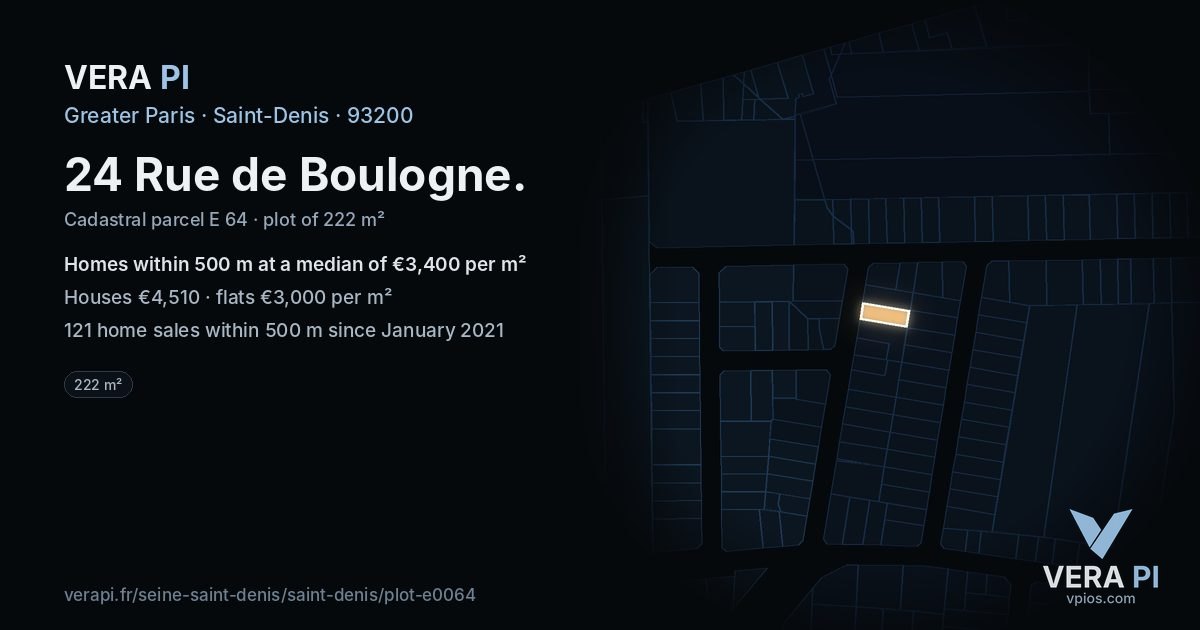 24 Rue de Boulogne, Saint-Denis at night – the plot lit, the parcels around coloured by the prices near them