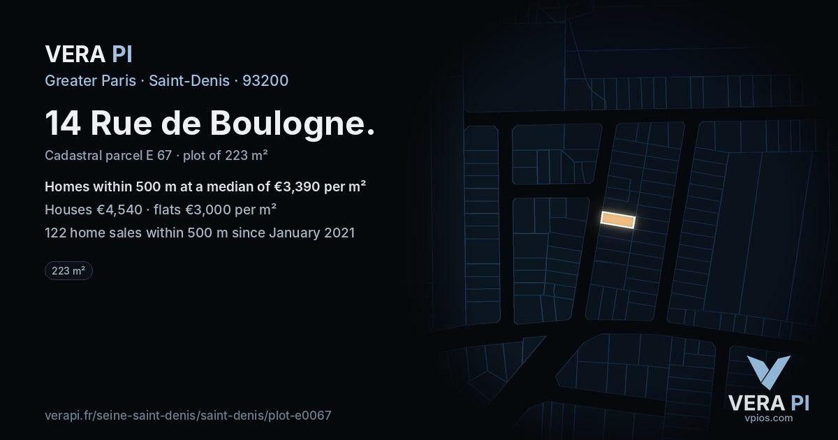 14 Rue de Boulogne, Saint-Denis at night – the plot lit, the parcels around coloured by the prices near them
