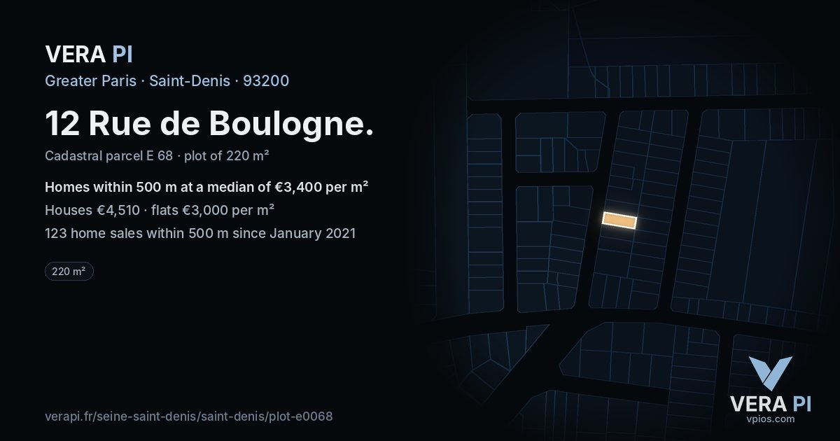 12 Rue de Boulogne, Saint-Denis at night – the plot lit, the parcels around coloured by the prices near them