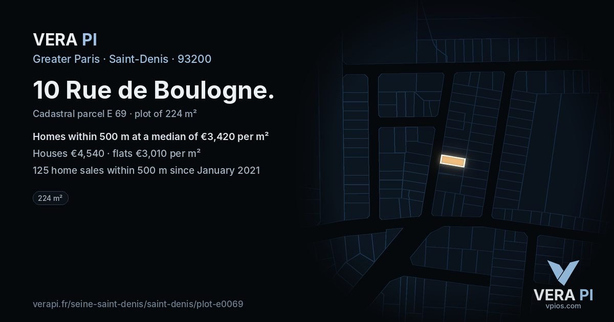10 Rue de Boulogne, Saint-Denis at night – the plot lit, the parcels around coloured by the prices near them