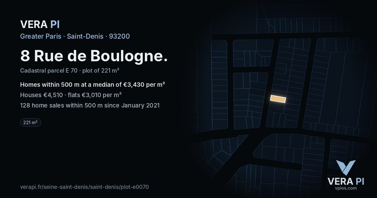 8 Rue de Boulogne, Saint-Denis at night – the plot lit, the parcels around coloured by the prices near them