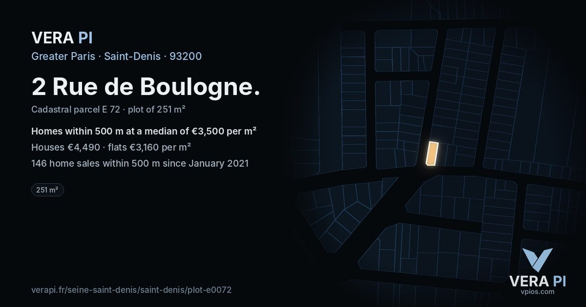 2 Rue de Boulogne, Saint-Denis at night – the plot lit, the parcels around coloured by the prices near them