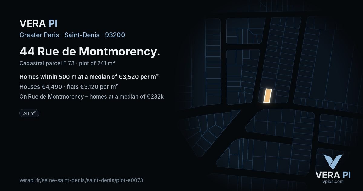 44 Rue de Montmorency, Saint-Denis at night – the plot lit, the parcels around coloured by the prices near them