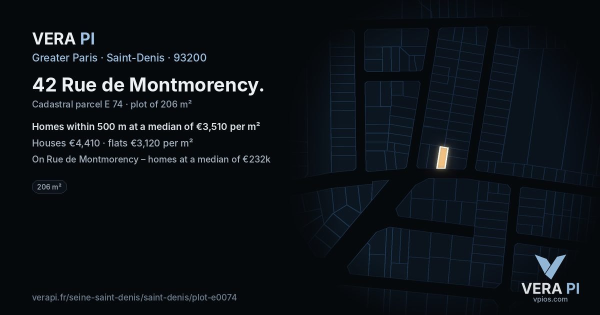 42 Rue de Montmorency, Saint-Denis at night – the plot lit, the parcels around coloured by the prices near them