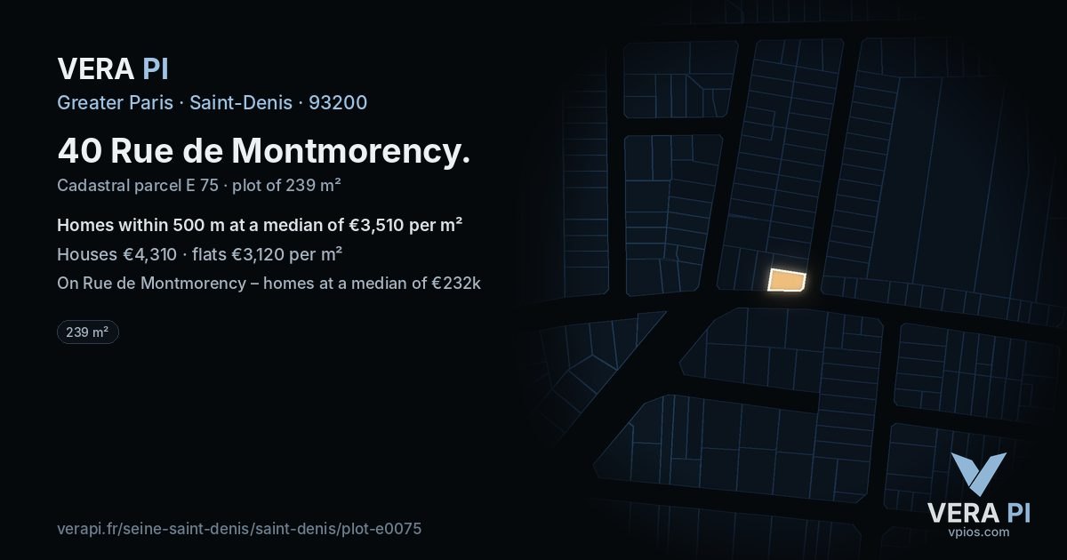 40 Rue de Montmorency, Saint-Denis at night – the plot lit, the parcels around coloured by the prices near them