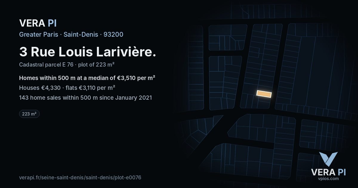 3 Rue Louis Larivière, Saint-Denis at night – the plot lit, the parcels around coloured by the prices near them