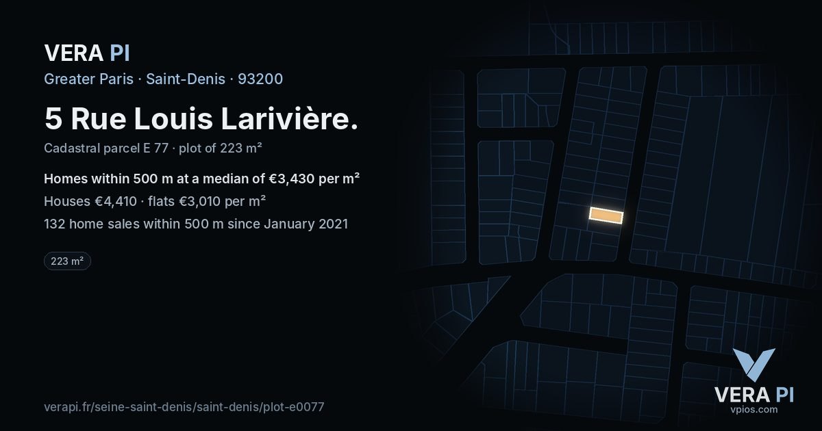 5 Rue Louis Larivière, Saint-Denis at night – the plot lit, the parcels around coloured by the prices near them