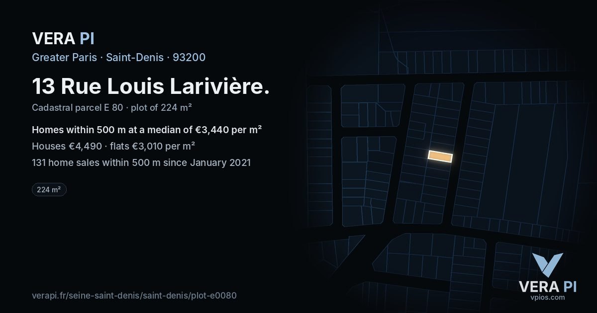 13 Rue Louis Larivière, Saint-Denis at night – the plot lit, the parcels around coloured by the prices near them