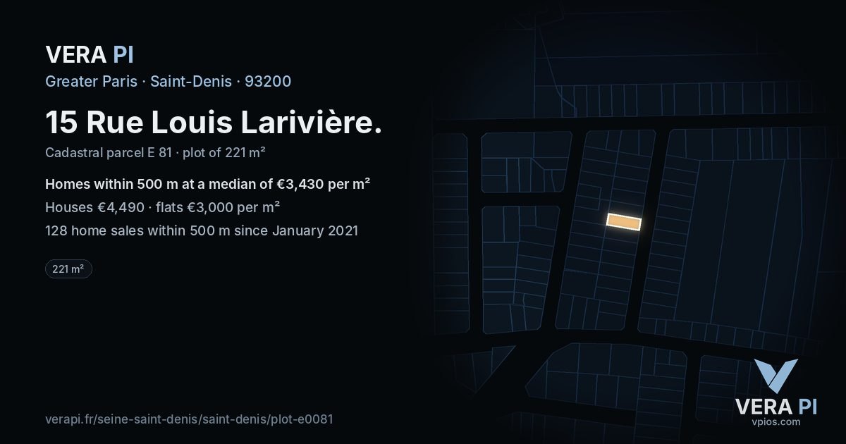 15 Rue Louis Larivière, Saint-Denis at night – the plot lit, the parcels around coloured by the prices near them