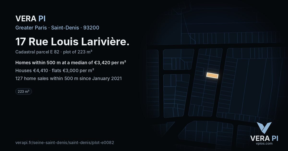 17 Rue Louis Larivière, Saint-Denis at night – the plot lit, the parcels around coloured by the prices near them
