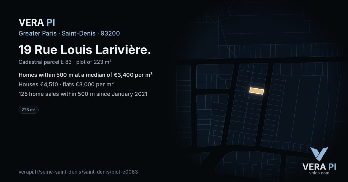 19 Rue Louis Larivière, Saint-Denis at night – the plot lit, the parcels around coloured by the prices near them