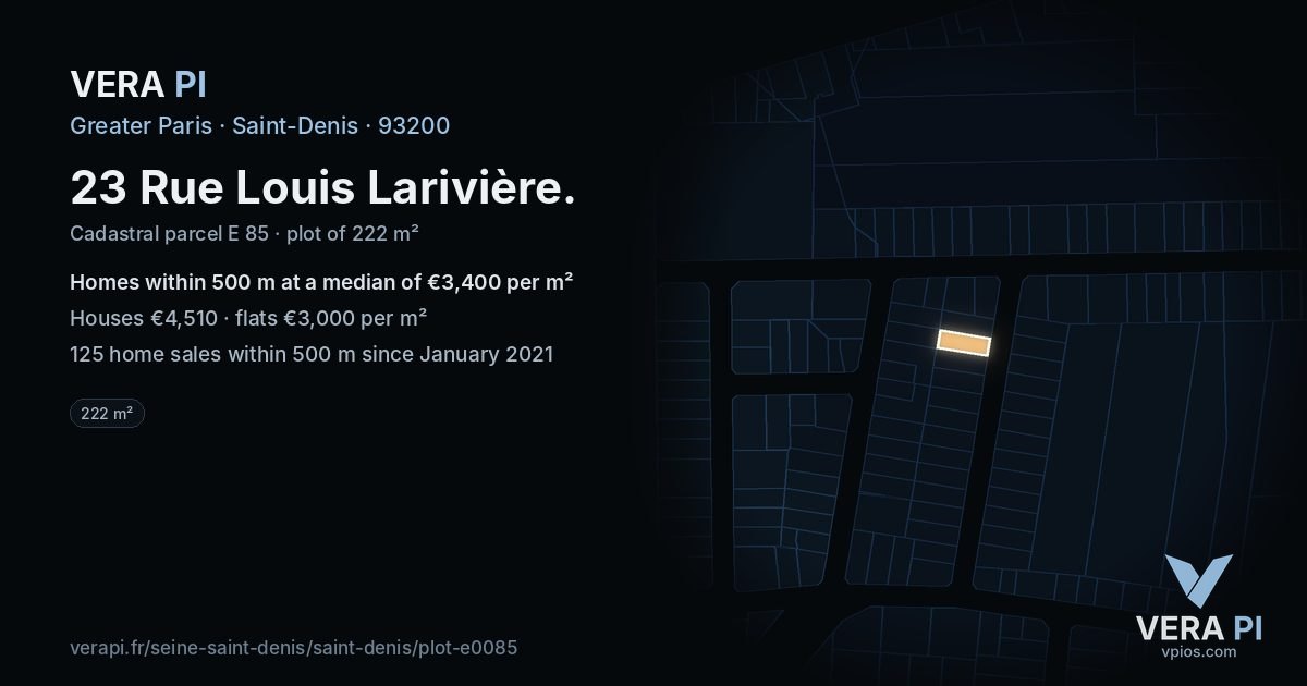 23 Rue Louis Larivière, Saint-Denis at night – the plot lit, the parcels around coloured by the prices near them