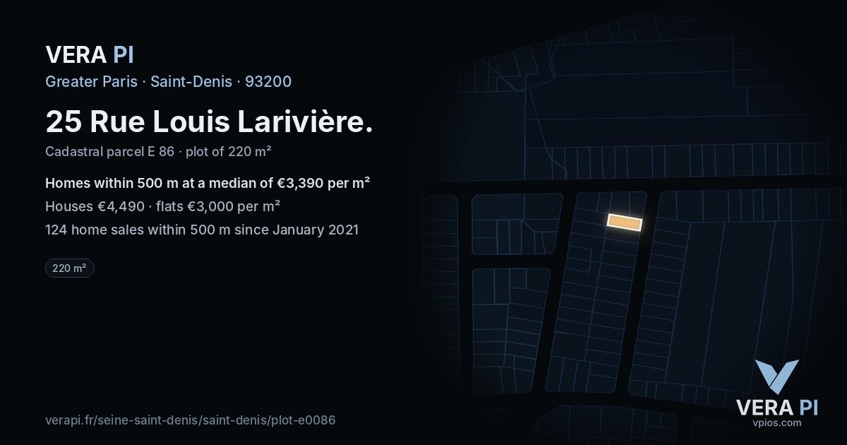 25 Rue Louis Larivière, Saint-Denis at night – the plot lit, the parcels around coloured by the prices near them